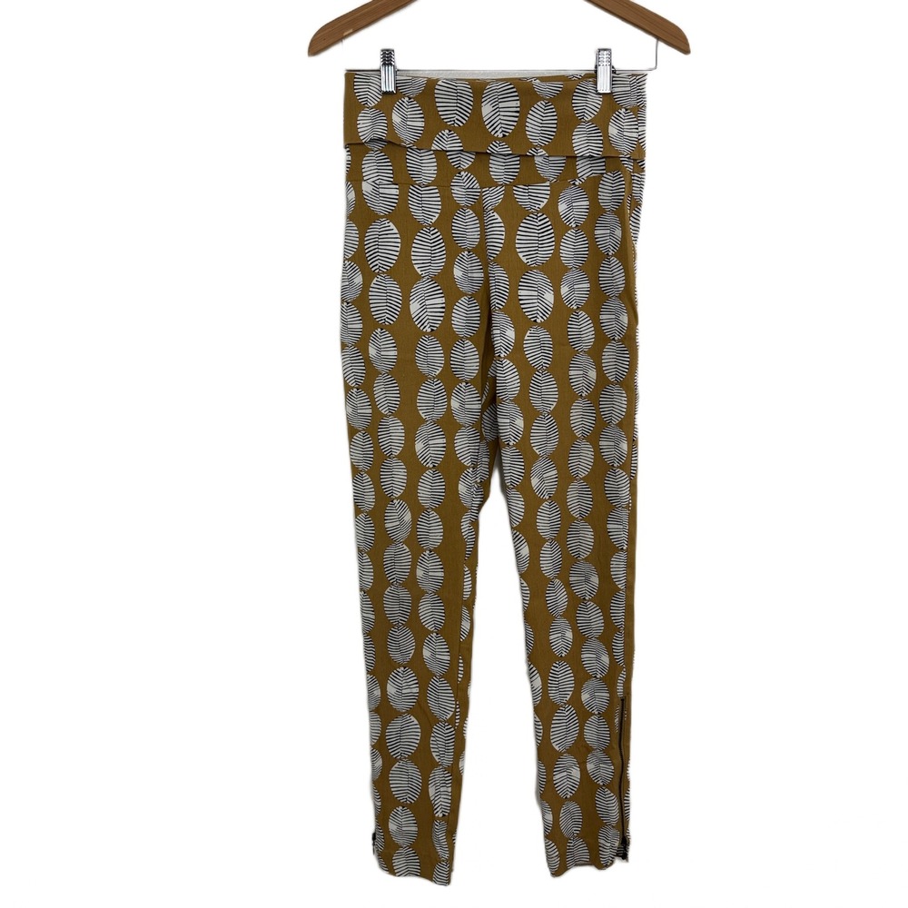 Bitte Kai Rand Pants Womens Small Mustard White Leaf Print Ankle Zip Skinny